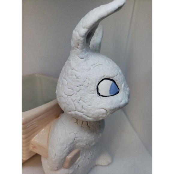 Vintage Planter Bunny Pulling Cart White Rabbit Ceramic Plant Accessory Easter - Picture 5 of 13